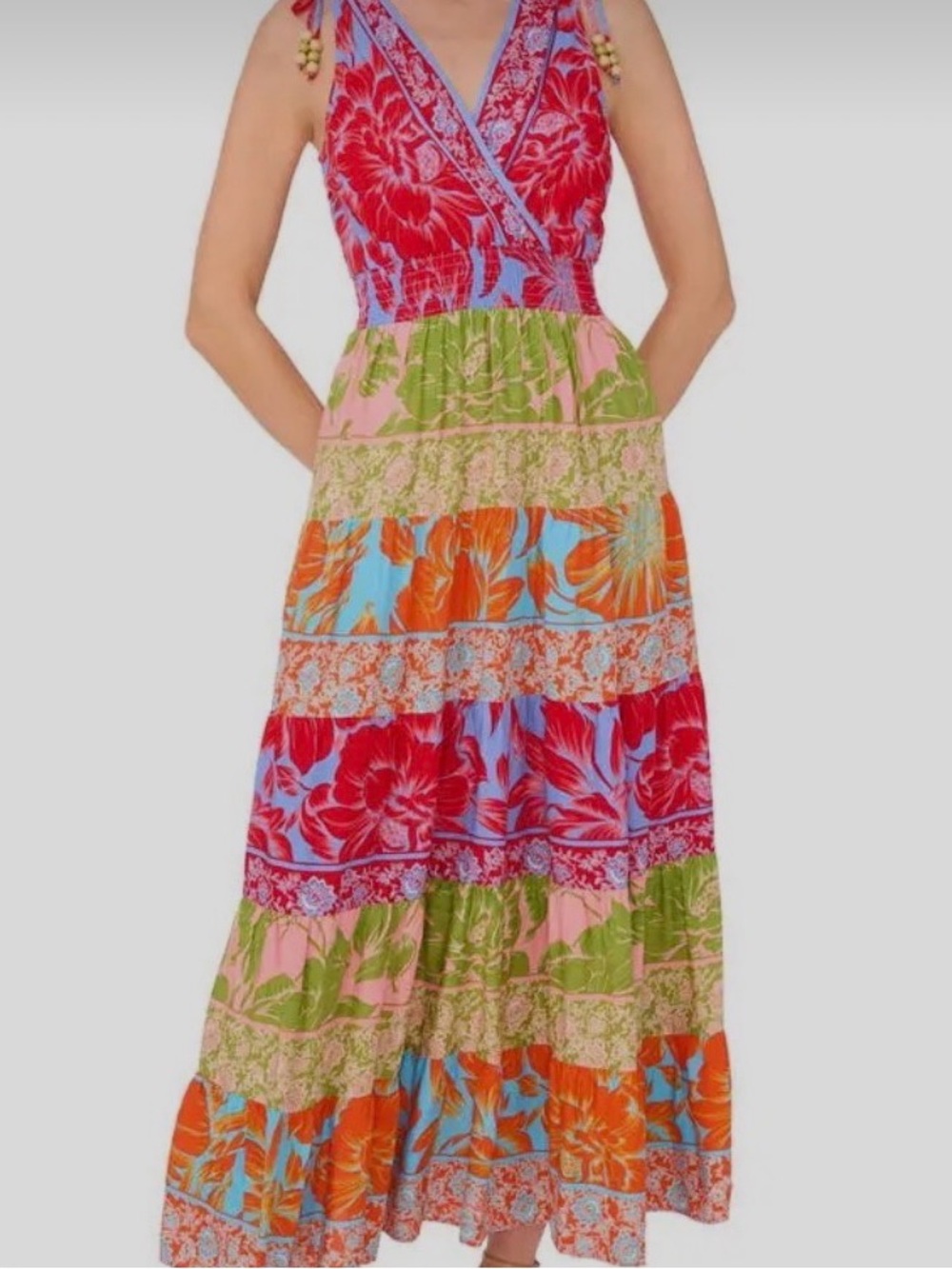 Vince Camuto Maxi Dress Beaded Tiered Multicolor Size L Bohemian